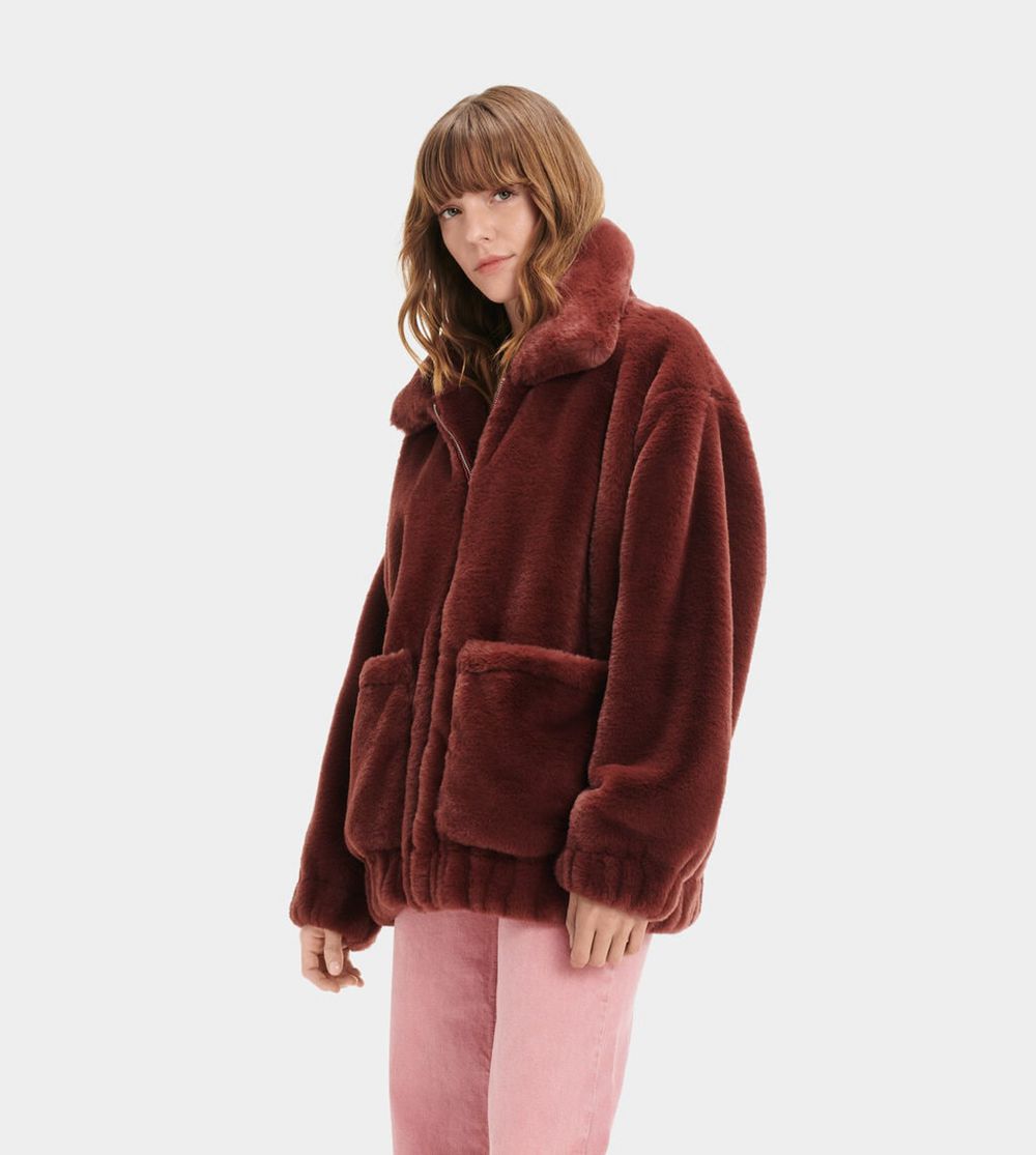 Ugg Jacket Womens - Ugg Kianna Faux Fur Maroon - 389ILGYJN